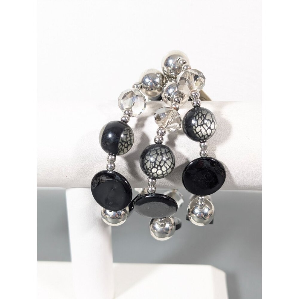 Erica‎ Lyons Set of 3 Black Silver Tone Faceted Glass Stretch Bracelets 7"